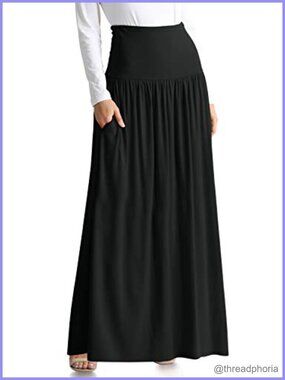 A-Line Maxi Skirt Ankle Length Wide Fold-Over Waistband Side Pockets Modal